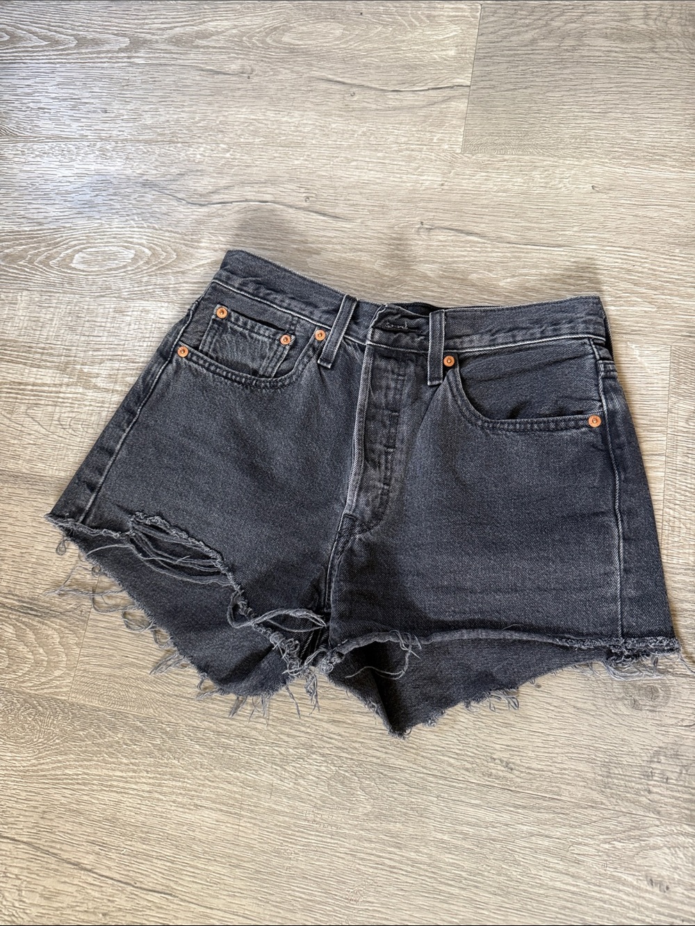 Levi’s Black Distressed High-Rise Denim Shorts